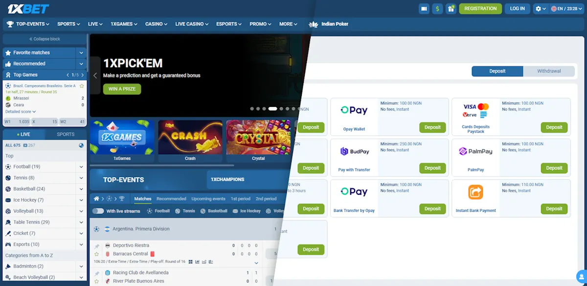 1xBet Homepage and Payment options Screenshot
